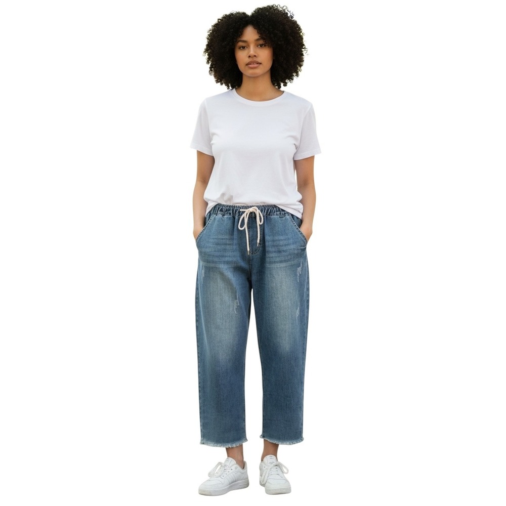 FTCayanz Women's Denim Jeans Wide Leg‎ Crop Distressed Drawstring Waist XXL